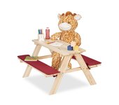 Relaxdays mesa de pícnic jardín, bancos para niños, 50x89x79cm, cojines, mobiliario infantil, madera, natural/rojo