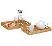 Relaxdays pack de 2 bandejas madera rectangular con asas y reborde, bambú, marrón, 45 x 42 cm
