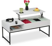 Relaxdays mesa de centro abatible, mesita baja, 45x110x50 cm, compartimento lateral y de almacenamiento, metal, blanco