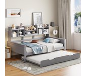 Cama nido 90x200 cm + 90x190 cm con cabecero y compartimentos, sofá cama - pino + contrachapado + mdf - gris (sin colchón)