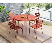 Comedor de jardín de metal - una mesa de 110 cm de diámetro y 4 sillones apilables - terracota - mirmande