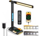 Lámpara de escritorio led con cargador inalámbrico y puerto de carga usb, lámpara de mesa con temporizador automático regulable deslizante y reloj