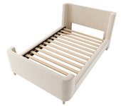 Cama infantil acolchada en terciopelo beige 90x200 cm, marco metálico + madera maciza