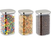 Relaxdays botes cristal con tapa, set de 3, 1200 ml, recipientes cuadrados, tarros herméticos, transparente/plateado