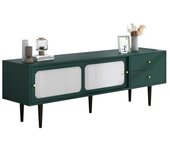 Mueble de tv verde con puertas correderas de ratán blanco y 2 cajones - 160 x 40 x 60 cm