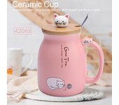 Taza de cerámica con forma de gato, con cuchara y tapa, café, agua, leche, regalo para bebidas (rosa), 1 unidad