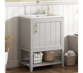 Mueble de baño de 60 cm con lavabo de cerámica, gran espacio de almacenaje, gris claro, mobiliario de baño, lavabo de baño