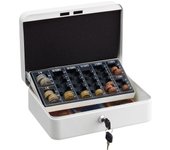 Relaxdays caja de dinero con bandeja contadora, cerradura con llaves, hierro, 9x25x18 cm, para efectivo, blanco