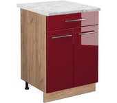 Vicco mueble bajo de cocina fame-line, rojo burdeos alto brillo, 60 cm con cajón, et mármol