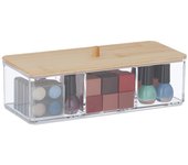 Relaxdays organizador maquillaje tapa bambú, 3 compartimentos, plástico, almacenaje goma cabello, transparente y natural