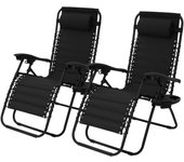 2x tumbona plegable negra silla de playa/piscina con reposacabezas y portavasos