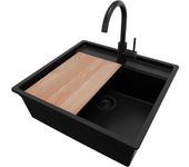 Primagran fregadero bajo encimera todo negro 56x53cm, fregadero granito 1 seno + sifón + accesorios, fregadero cocina al mueble 60cm - bergen