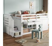 Cama infantil individual multifuncional de madera maciza - con espacio de almacenamiento, escalera y mesa extraíble - 90x200 cm - blanco