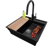 Primagran fregadero granito negro 58x53cm, fregadero cocina 1 seno + sifón + accesorios, fregadero sobre encimera al mueble 60cm - oslo pocket