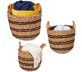 Relaxdays tres cestas almacenaje, canastos con asas alga marina trenzados, 3 tamaños, baño, dormitorio, natural/negro