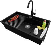 Primagran fregadero bajo encimera negro 76x47cm, fregadero granito 1 seno + sifón + accesorios, fregadero cocina al mueble 80cm - prague