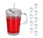 Relaxdays set de 10 vasos, jarras para beber con tapa y pajita, jarritas batidos y zumos 450 ml, con asa, transparente