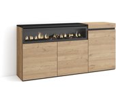 Amueblate online, aparadores para salón, gran capacidad de almacenaje, 150x75x35cm, 3 puertas, chimenea eléctrica, roble y negro
