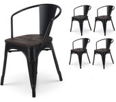Set de 4 sillas de estilo industrial de metal negro mate con asiento de madera oscura - con reposabrazos