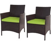Lote de 2 sillones de jardín de poly ratán halden, sillones de mimbre ~ marrón moteado, cojines verdes