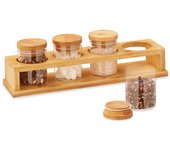 Relaxdays especiero con 4 botes, con tapa, cristal y bambú, organizador especias con soporte, natural/transparente