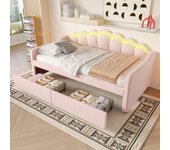 Cama nido 90x200 cm - con iluminación led - con 2 cajones - terciopelo - rosa (sin colchón)