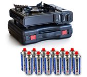 Hornillo de gas portátil 2200w + 12 cartuchos de gas butano 250gr camping brixo