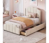 Cama individual tapizada 90x200cm - tela terciopelo - 2 cajones - beige