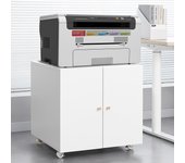 Soporte de impresora metálico móvil con almacenamiento – mesa compacta con ruedas, puerta y estante ajustable para oficina en casa – blanco