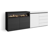 Aparador, 207x35x75cm, dormitorio, habitación, chimenea eléctrica, cómoda, cajonera, blanco