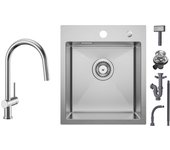 Cecipa max fregadero de cocina 1 seno 40 × 45 cm fregadero de inox cepillado 1 seno + mezclador de cocina con ducha extraíble,grifo de inox cepillado