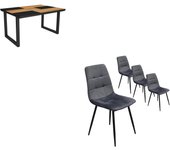 Conjunto salón, mesa de comedor, 140x90x75cm, roble y negro, estilo industrial, mesa fija, pack de 4 sillas de comedor, silla tapizada