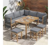 Conjunto de muebles de jardín con cojines, sofá esquinero, tumbona de polirratán, mesa y sillas para 7-8 personas, en acacia, gris y natural.