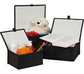 Relaxdays set de tres cestas de almacenaje, con tapa, funda textil, bambú, decorativo, negro
