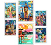 Nacnic set de 6 pósters monuments inspired by mary blair. luxor, big ben, egipto, chichen itza, notre dame, itsukushim marco blanco