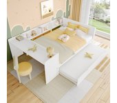 Cama doble infantil 140x200 cm - con escritorio - con cama nido - con somier de láminas - madera maciza - blanco (sin colchón)
