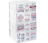 Com-fort house | cajonera apilable de plástico efecto cristal | modelo textos | color blanco | modelo de 4 cajones (380 x 370 x 626 mm)