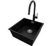 Primagran fregadero granito negro 46x47cm, fregadero cocina 1 seno + grifo 40x22cm + sifón, fregadero sobre encimera al mueble 50cm - london slim