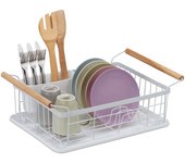 Relaxdays escurreplatos asas madera, escurrecubiertos, 18x48,5x31,5 cm, secador platos, tazas, cuencos, color blanco
