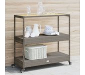Carrito de bar 3 niveles ratán gris y madera maciza de acacia