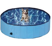 Relaxdays piscina para perros y niños, plegable, válvula desagüe, jardín, balcón, pvc y mdf, 120x30 cm, azul