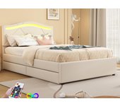 Cama tapizada 90x200 cm - con iluminación led - con 2 cajones - lino - cama con somier de láminas - beige (colchón no incluido)