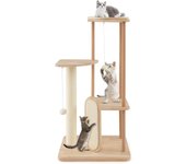 Árbol para gatos 112 cm, varios niveles, madera, con tabla y poste para garra, sisal, percha acolchada, 2 plataformas, 2 juguetes colgantes