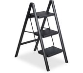 Relaxdays escalera plegable, 3 peldaños, taburete ligero de acero, resiste hasta 120 kg, 85 x 42 x 66 cm, negro