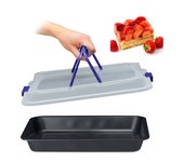 Relaxdays bandeja de horno con tapa, portatartas 3 en 1, 40,5x32,5cm, molde hornear, cubierta transporte, negro/azul