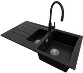 Primagran fregadero granito negro 90x50cm, fregadero cocina 1,5 senos + sifón + accesorios, fregadero sobre encimera al mueble 60cm - copenhague duo