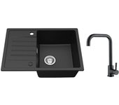 Fregadero encastrable de 1 seno con escurridor negro, cuarzo y resina, 65x45 cm + mezclador de cocina negro estrellado