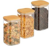 Relaxdays botes cristal con tapa bambú, set de 3, recipientes cuadrados 1200 ml, tarros herméticos, transparente/natural