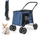 Costway cochecito para mascotas plegable, carrito de viaje portátil para mascotas con malla transpirable, claraboya, bolsillos, carrito plegable para
