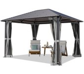 Cenador de jardin 3x3,65 m con techo de acero - hardtop pabellón con 4 cortinas y mosquiteras en gris